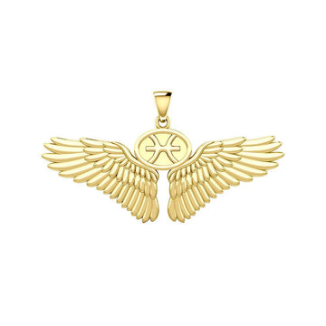 Guardian Angel Wings Solid Gold Pendant with Pisces Zodiac Sign GPD5514 - Jewelry